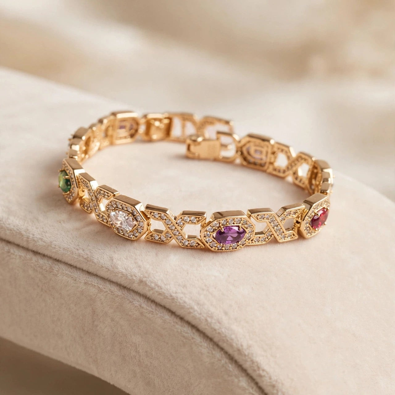 multicolor CZ art deco link bracelet hexagonal setting gold-plated steel for women JeevaFashions