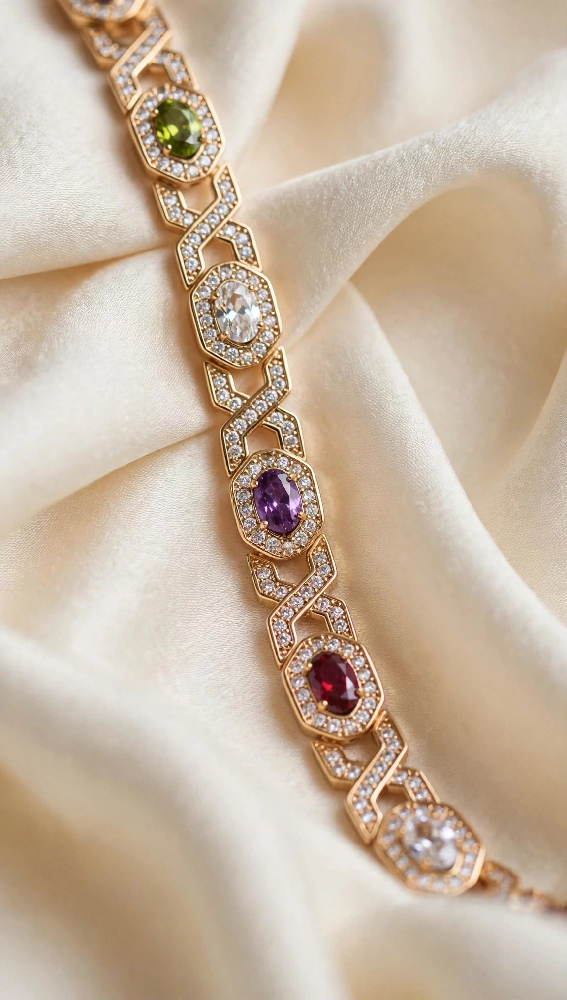 multicolor CZ art deco link bracelet box clasp gold-plated steel for women JeevaFashions