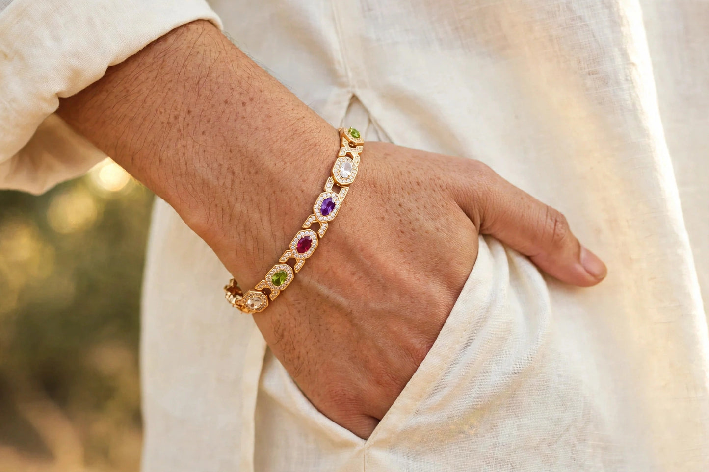 multicolor CZ art deco link bracelet worn on wrist gold-plated steel for women JeevaFashions