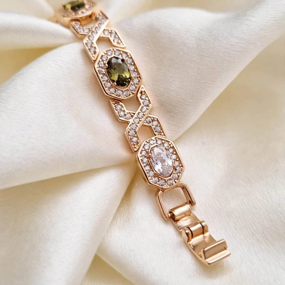 multicolor CZ art deco link bracelet festive wear gold-plated steel for women JeevaFashions