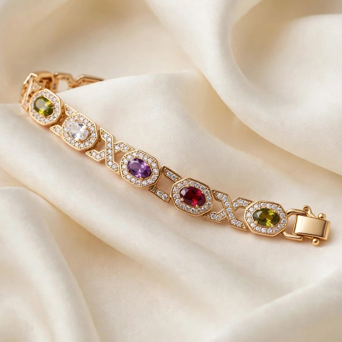 multicolor CZ art deco link bracelet full view gold-plated steel for women JeevaFashions