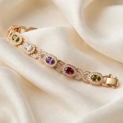 multicolor CZ art deco link bracelet full view gold-plated steel for women JeevaFashions