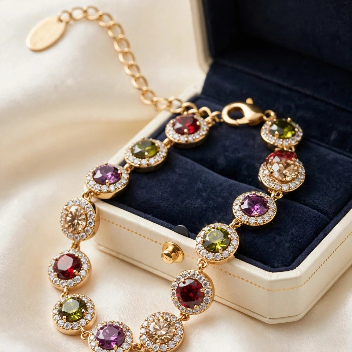 multicolor CZ halo bracelet worn on wrist gold-plated steel for women JeevaFashions