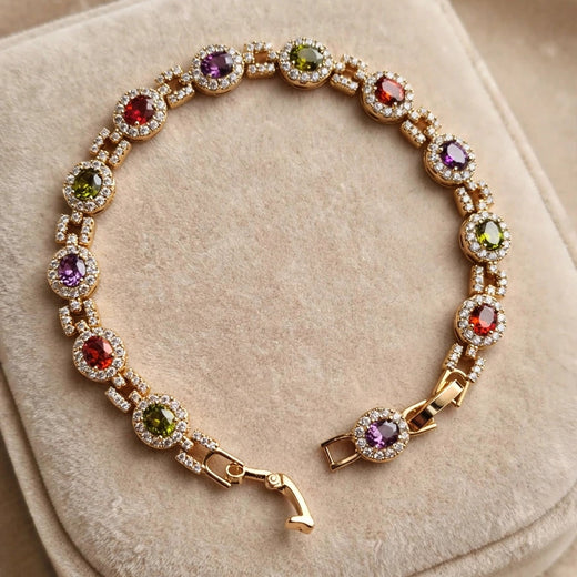 multicolor oval CZ tennis bracelet gold-plated steel for women JeevaFashions