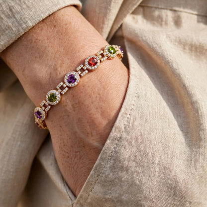 multicolor oval CZ tennis bracelet close-up gold-plated steel for women JeevaFashions