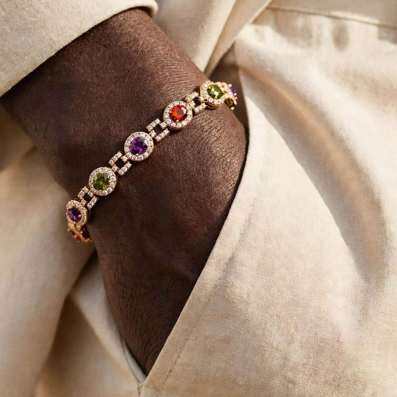 multicolor oval CZ tennis bracelet daily wear gold-plated steel for women JeevaFashions