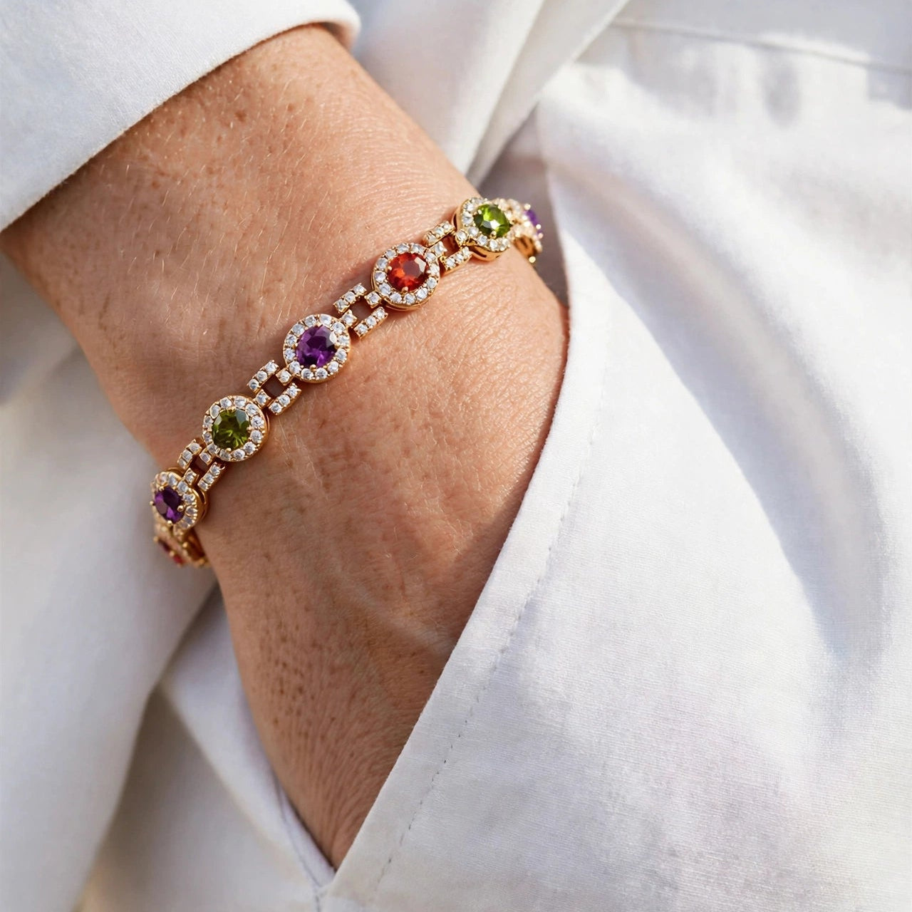 multicolor oval CZ tennis bracelet gift packaging gold-plated steel for women JeevaFashions