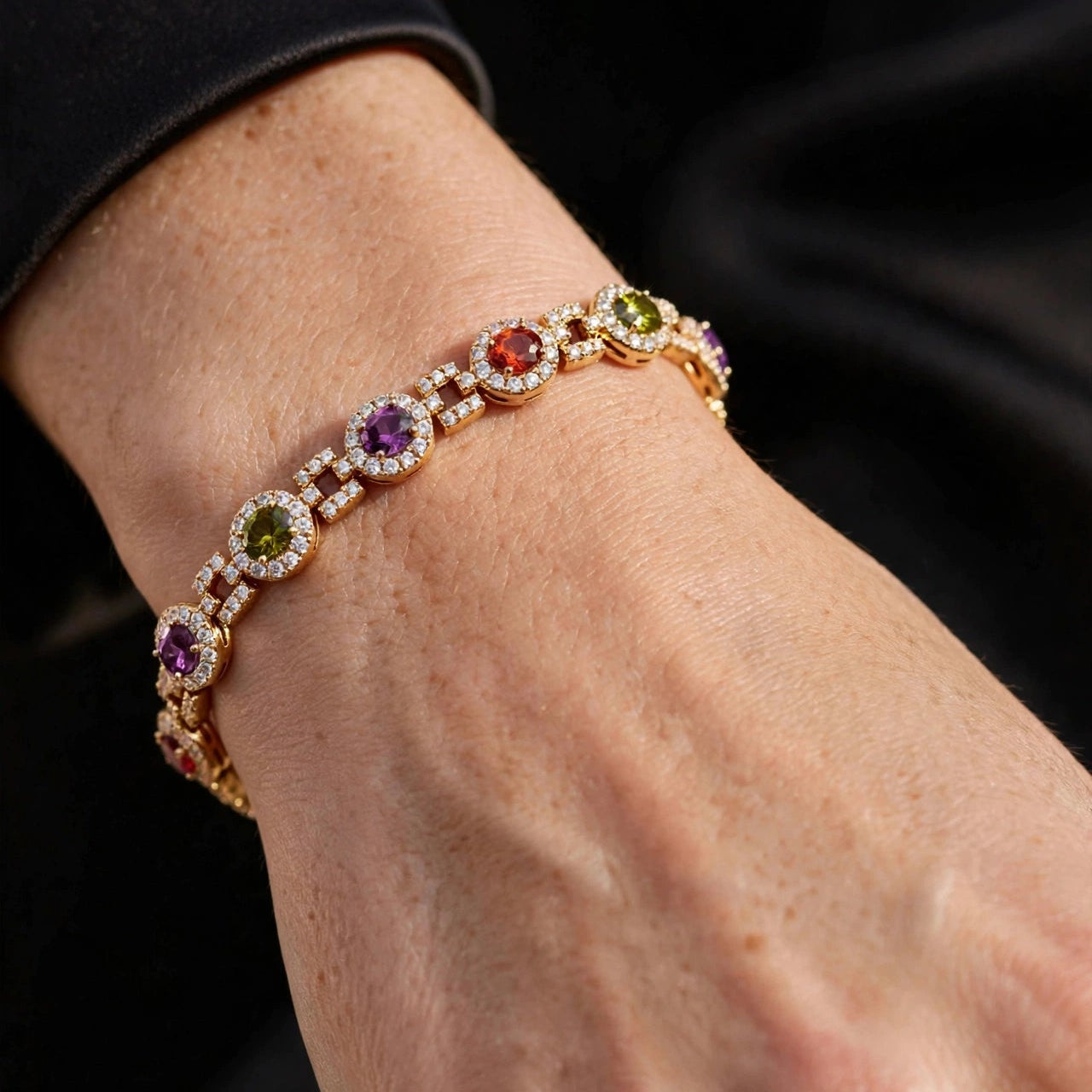 multicolor oval CZ tennis bracelet fold-over clasp gold-plated steel for women JeevaFashions