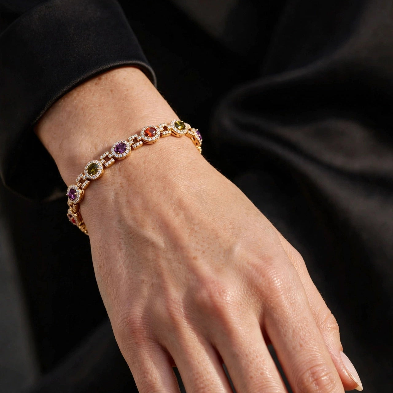 multicolor oval CZ tennis bracelet sparkle detail gold-plated steel for women JeevaFashions
