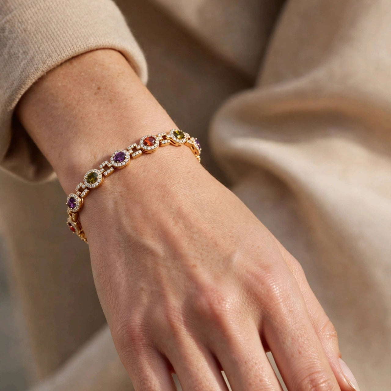 multicolor oval CZ tennis bracelet full view gold-plated steel for women JeevaFashions