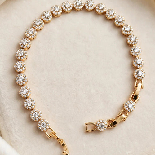 white CZ halo tennis bracelet gold-plated steel for women JeevaFashions