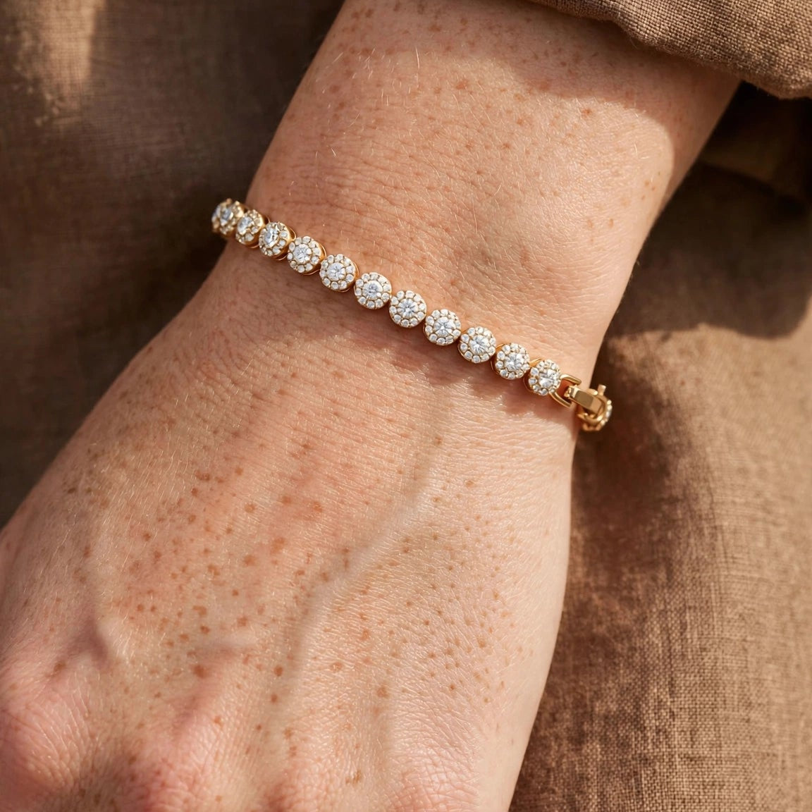 white CZ halo tennis bracelet close-up gold-plated steel for women JeevaFashions