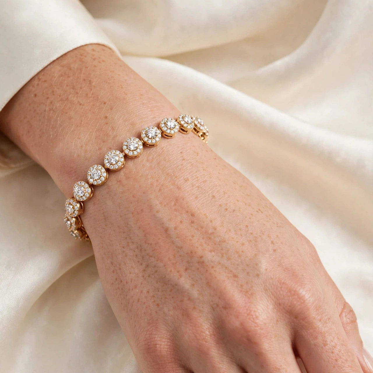 white CZ halo tennis bracelet clasp detail gold-plated steel for women JeevaFashions