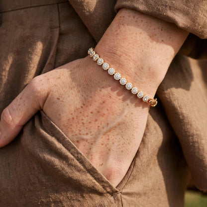 white CZ halo tennis bracelet worn on wrist gold-plated steel for women JeevaFashions