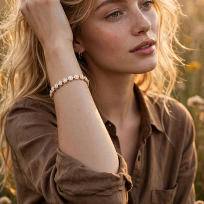 white CZ halo tennis bracelet festive wear gold-plated steel for women JeevaFashions