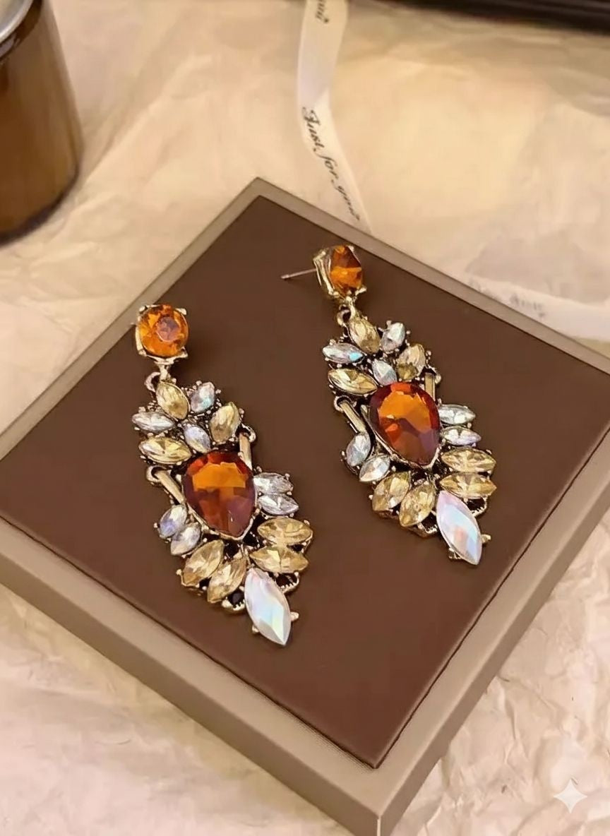 Gold-tone amber crystal chandelier earrings with iridescent colour-changing drop for women – festive and wedding party wear