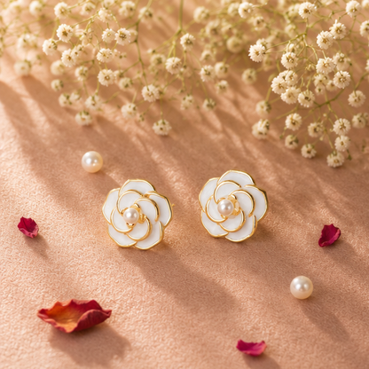 Gold tone alloy floral earrings with faux pearl centre for women JeevaFashions