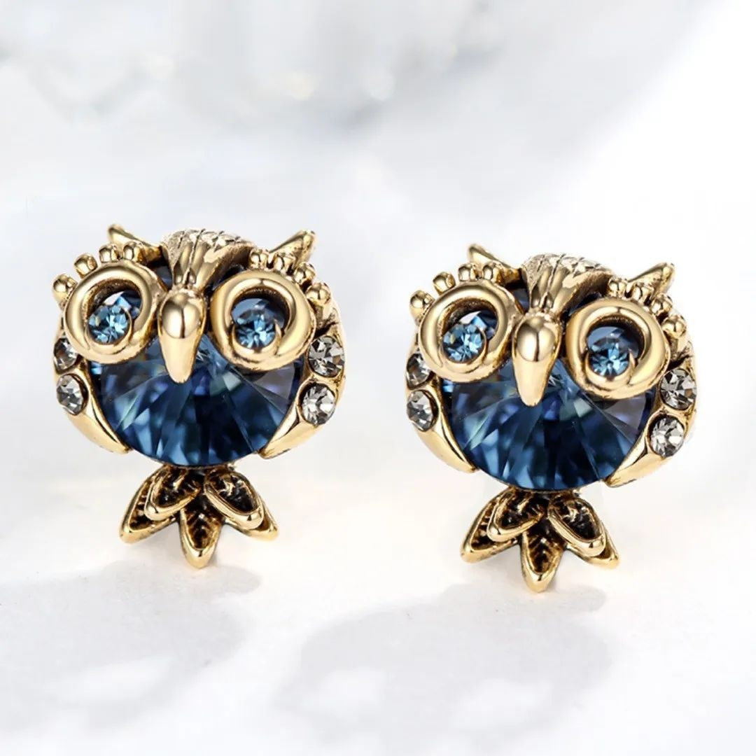 Blue gold-tone owl stud earrings for women – trendy daily wear ear studs for dating and night outs