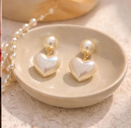 Gold tone pearl stud heart drop earrings detail JeevaFashions