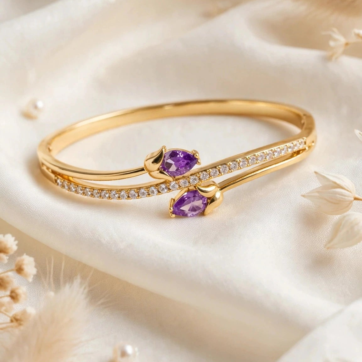 Tulip kada bracelet gold plated purple CZ bangle for women at JeevaFashions