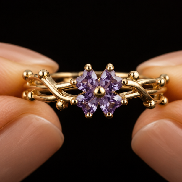 Gold vine adjustable ring with purple crystal styled JeevaFashions