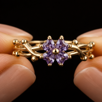 Gold vine adjustable ring with purple crystal styled JeevaFashions