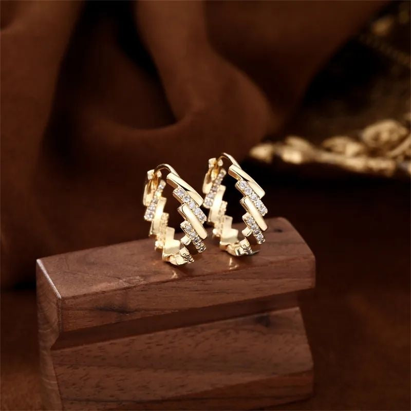 Gold zigzag hoop earrings for women Korean style crystal hoops