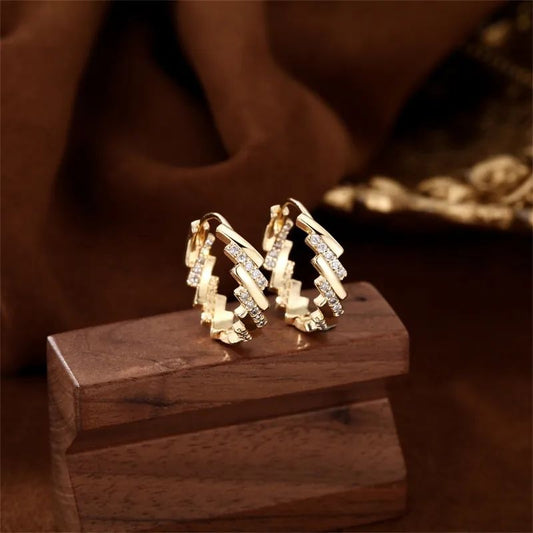 Gold zigzag hoop earrings for women Korean style crystal hoops