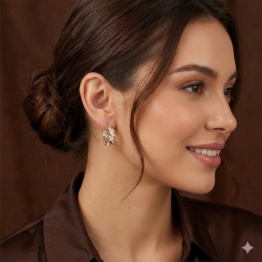 18K gold plated zigzag hoop earrings with zircon crystals closeup
