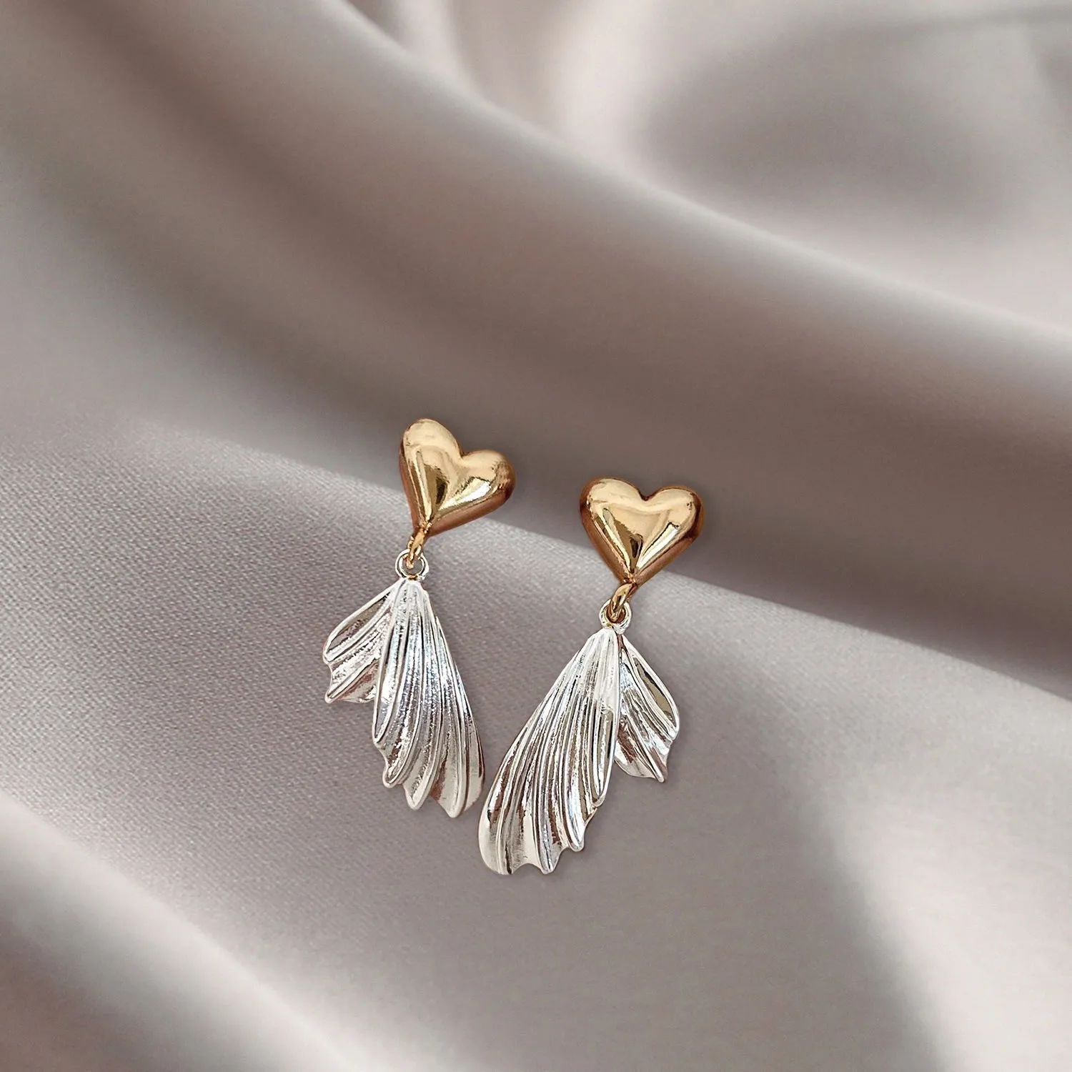 Golden heart silver winged petal drop earrings for women JeevaFashions