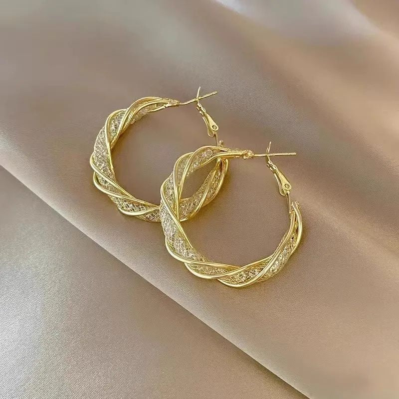 Golden lattice twisted mesh hoop earrings for women JeevaFashions