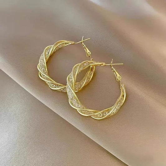 Golden lattice twisted mesh hoop earrings for women JeevaFashions
