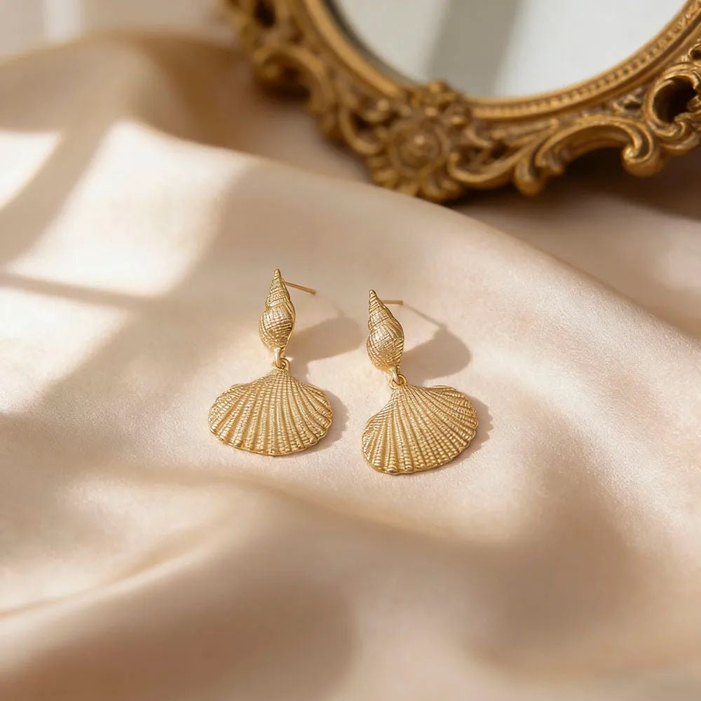 Golden shoreline scallop conch drop earrings for women JeevaFashions