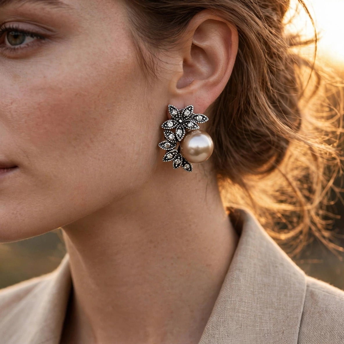 Pearl Stud Earrings with Crystal Floral Design – Vintage