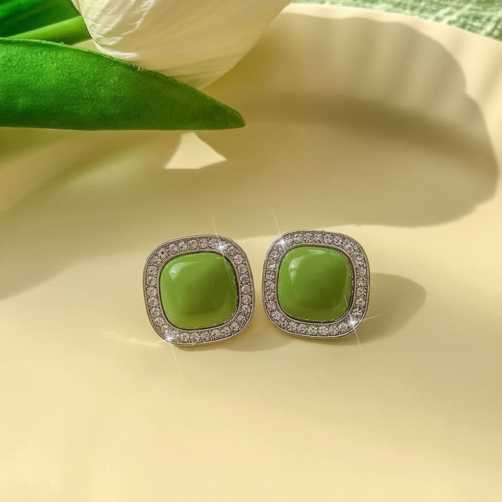 Green cabochon CZ halo stud earrings gold tone for women JeevaFashions