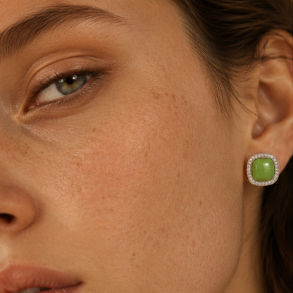 Gold tone green cabochon earrings closeup for women JeevaFashions