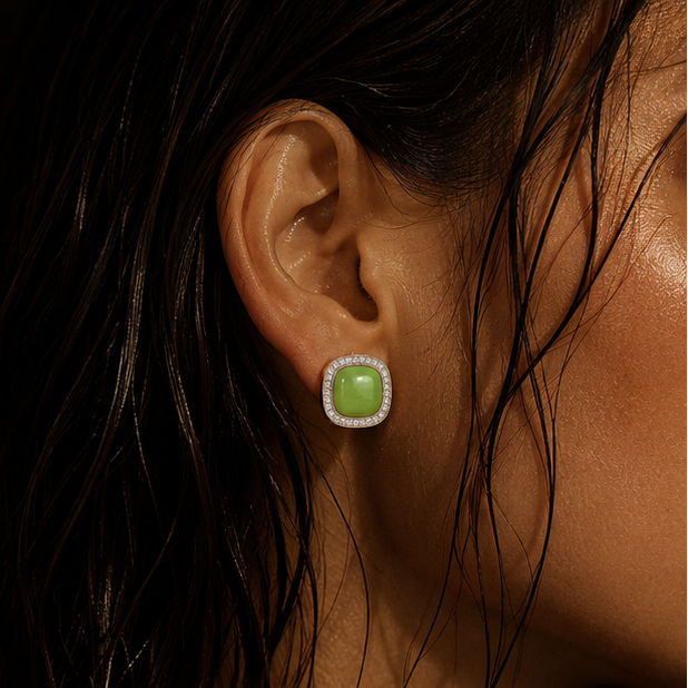 Green cabochon CZ halo earrings styled for festive occasion JeevaFashions