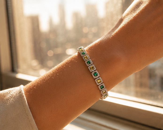 Green and yellow CZ tennis bracelet in stainless steel – gifting occasion for bridesmaids and festive celebrations