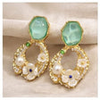 Green stone floral pearl drop earrings in gold tone – bold party wear earrings for Indian women – weddings, sangeet and festive occasions
