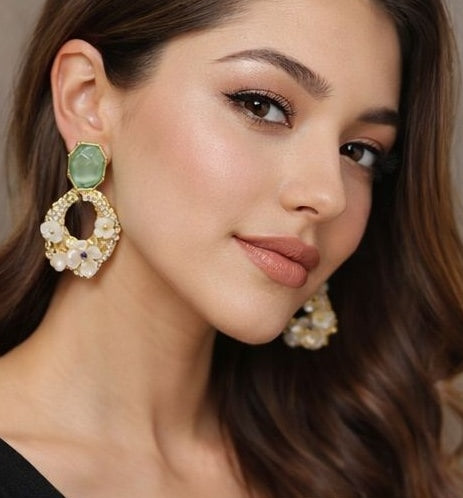 Green stone and pearl drop earrings with gold-tone floral detailing – statement earrings for Indian women for festive and party wear