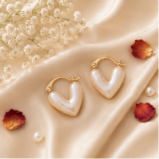 Heart huggie hoop earrings with pearl iridescent finish – lightweight everyday earrings for Indian women for casual and festive styling