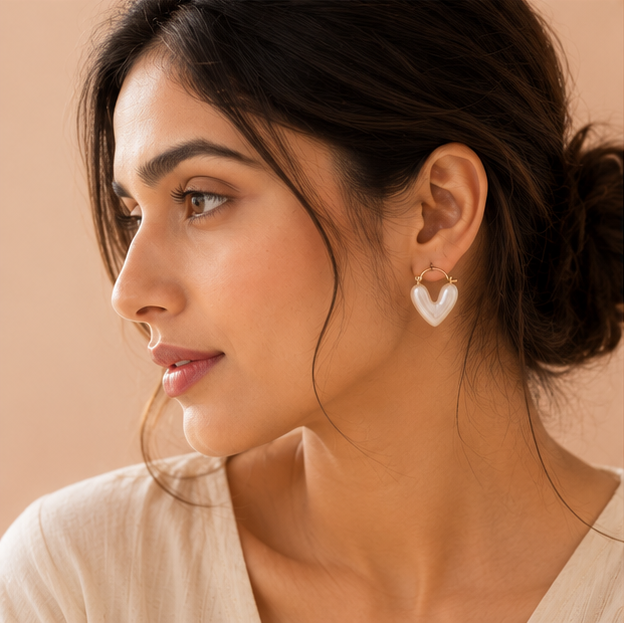 Iridescent pearl heart huggie earrings in gold tone – cute heart shaped hoop earrings for women – gifting for birthdays and Valentine's Day