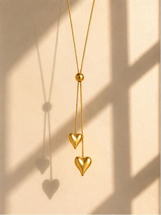 Gold plated double heart lariat necklace – perfect gift for Diwali, Karva Chauth, and wedding occasions