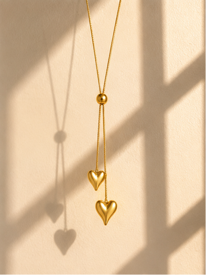 Gold plated double heart lariat necklace – perfect gift for Diwali, Karva Chauth, and wedding occasions