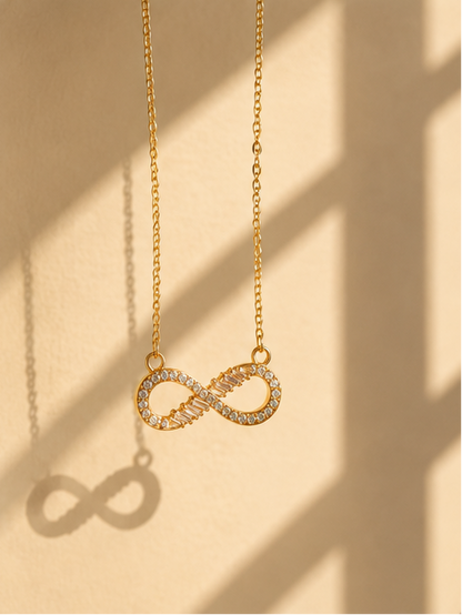 Anti-tarnish gold plated infinity pendant necklace with CZ stones – gifting and daily wear jewellery for Indian women