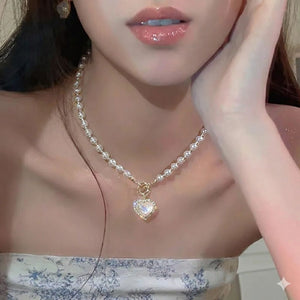 Iridescent Heart Pendant & Pearl Strand Necklace