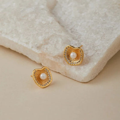 Irregular stud earrings with pearl inlay 18K gold electroplated JeevaFashions