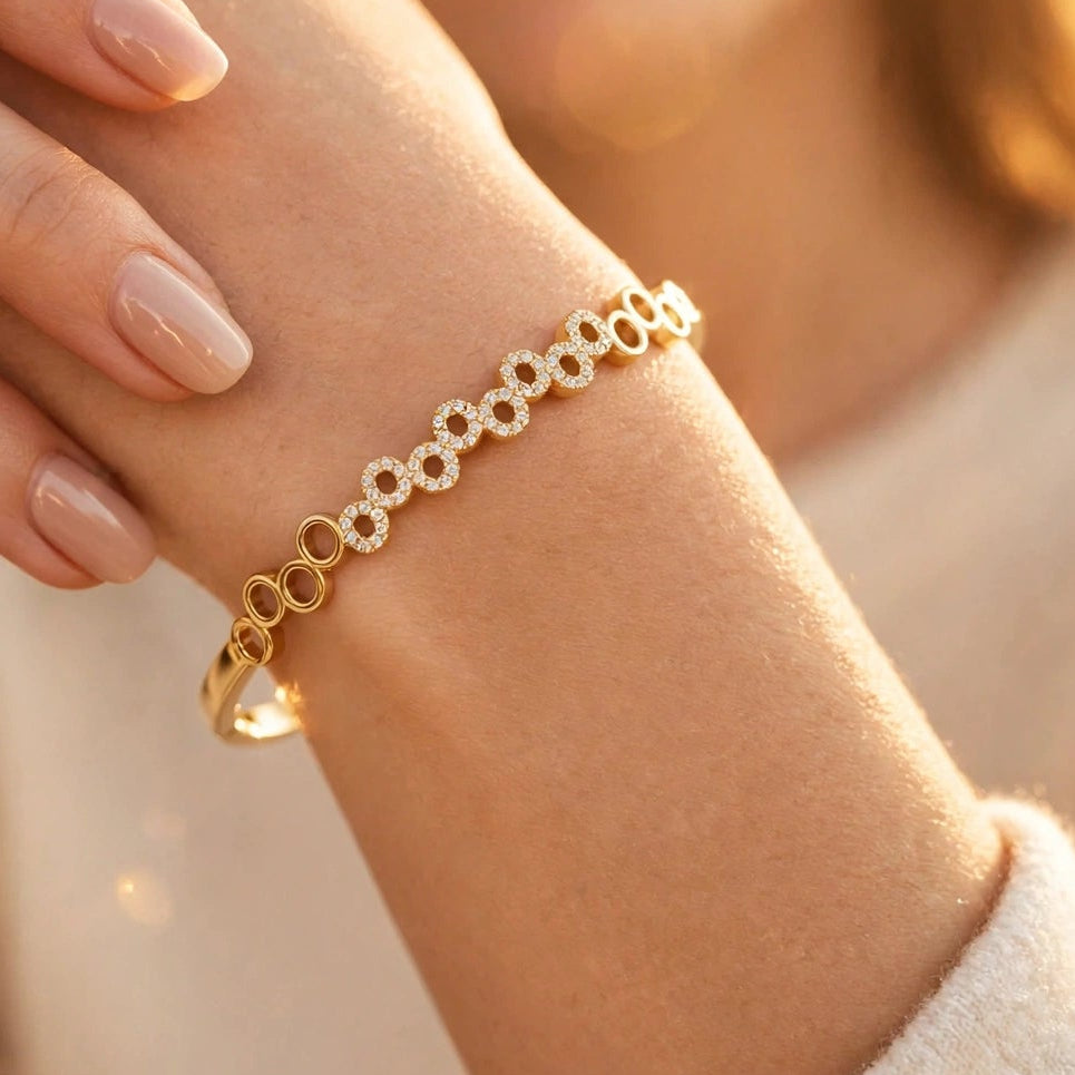 Pave Circle Link Bangle Bracelet – Gold Stainless Steel for Women