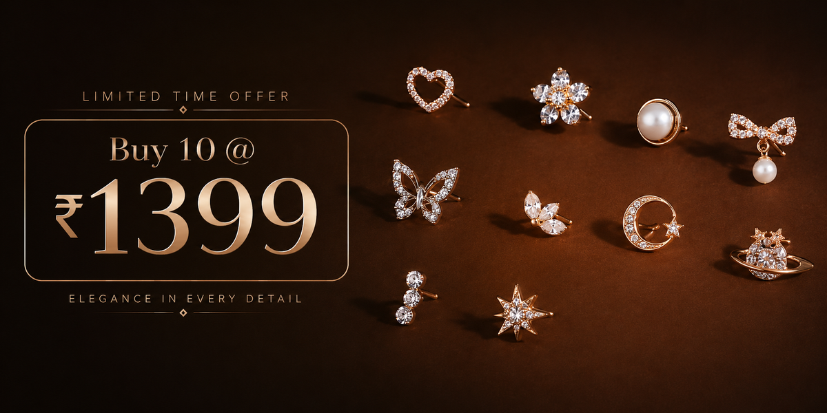 JeevaFashions Korean earrings offer – Buy any 10 anti-tarnish premium Korean stud earrings for ₹1399. Elegant gold-plated fashion jewellery with trendy floral, butterfly, pearl and bow designs.