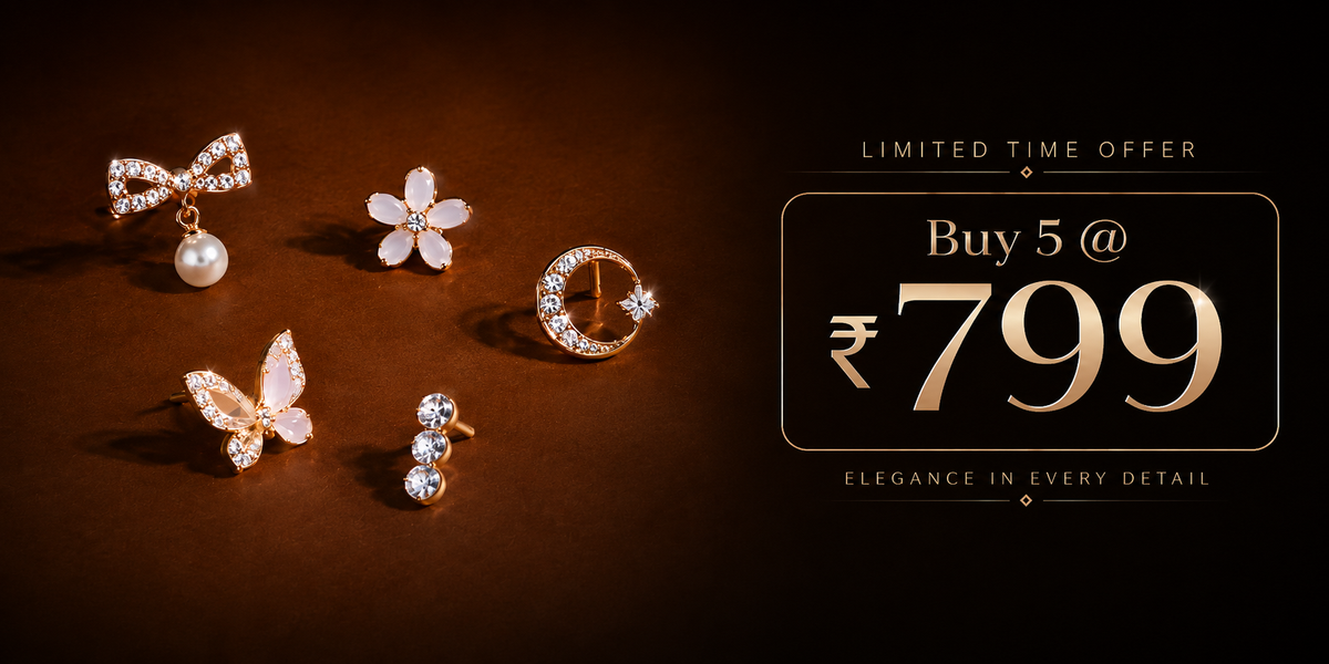 JeevaFashions Korean earrings offer – Buy any 5 stylish anti-tarnish Korean stud earrings for ₹799. Premium gold-plated fashion jewellery featuring butterfly, floral, moon and pearl designs.
